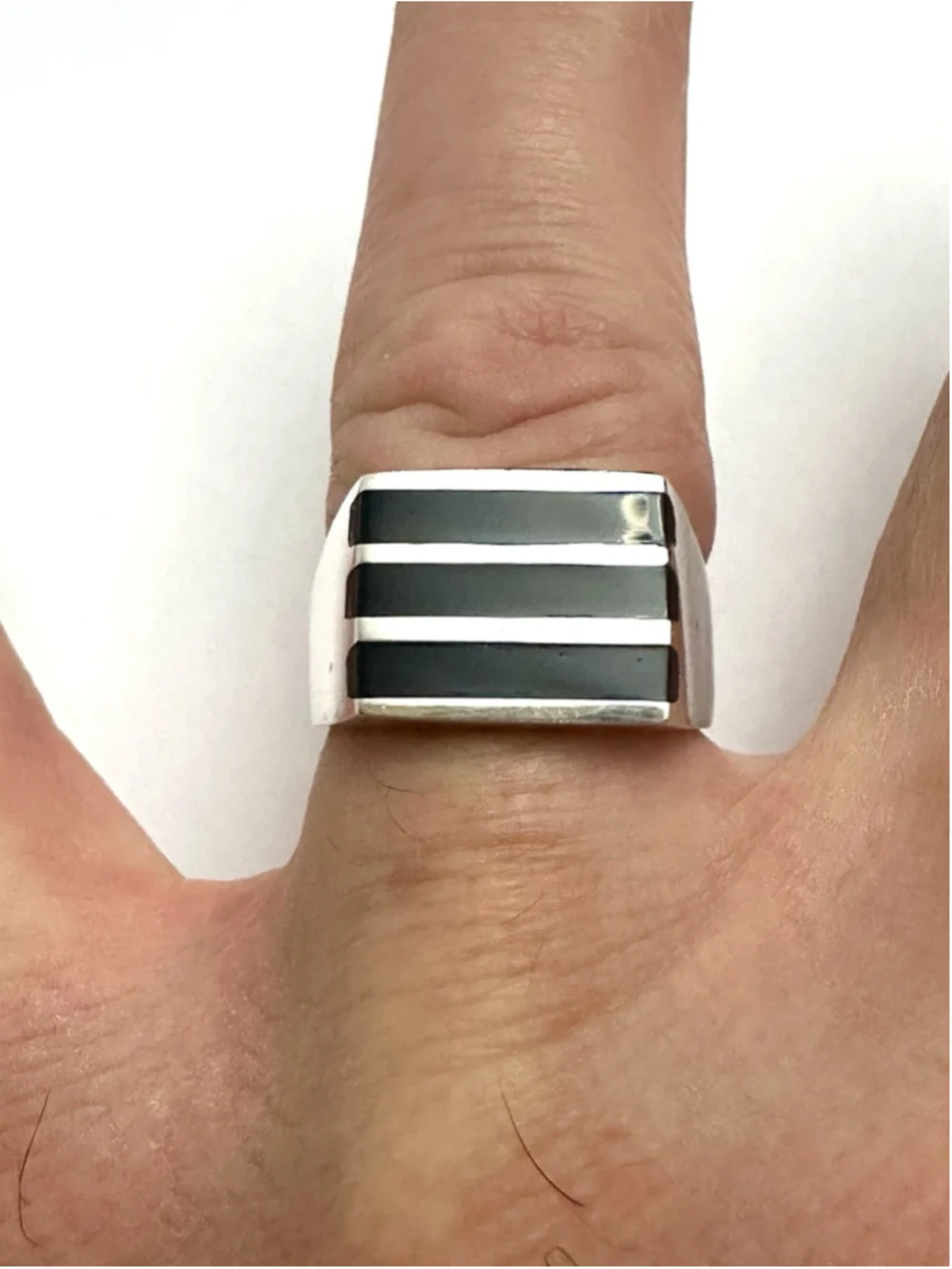 925 Sterling Silver Men’s Ring Size 9.5 Black Inlay Modern Geometric Design